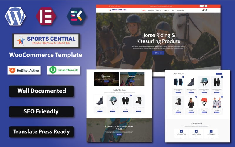 Sports Central - Modelo WooCommerce para loja de equipamentos esportivos para passeios a cavalo e kitesurf