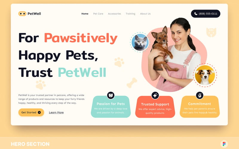 PetWell -宠物护理英雄部分的Figma模板