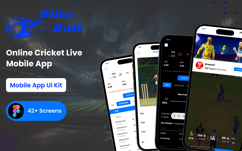 Blitz Ball Online Cricket Live mobiele app Figma-sjabloon