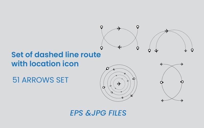 Set of dashed line route with location icon flat design