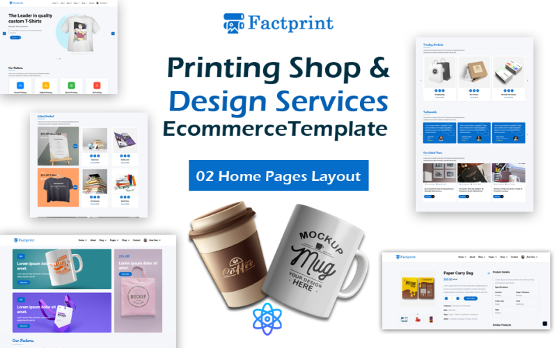 Factprint - Modèle React de commerce électronique pour imprimeries et services de conception