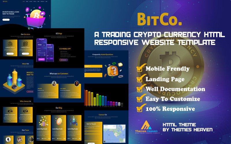 BitCo - handel & kryptovaluta HTML-målsida Responsiv webbplatsmall