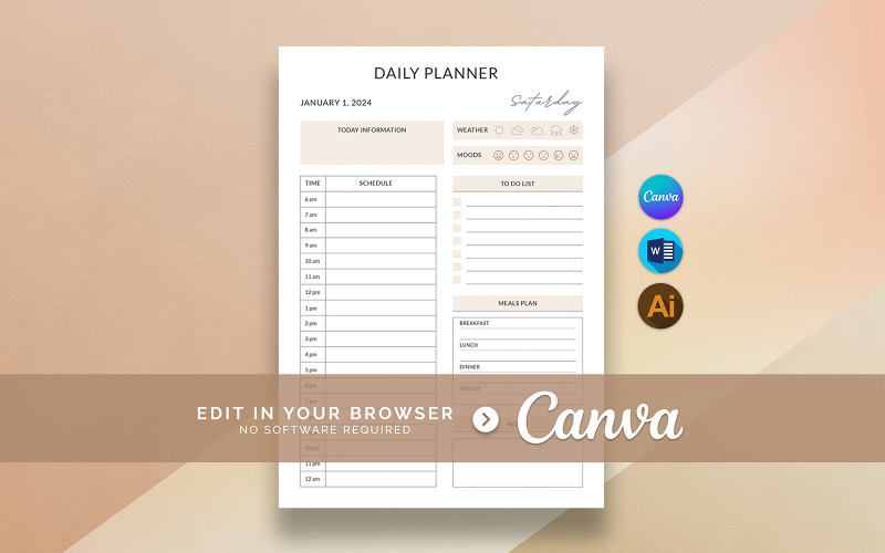 Canva Yazdırılabilir Günlük Saatlik Planlayıcı Şablonu