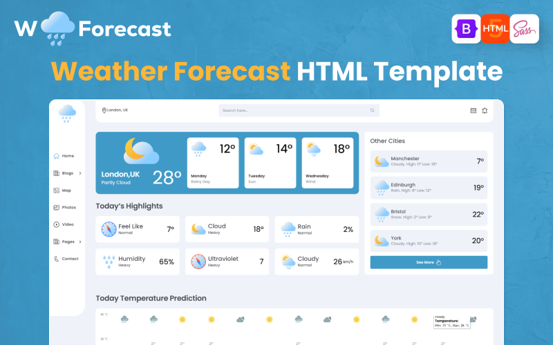 Прогноз погоды — комплексный прогноз погоды. Адаптивный HTML-шаблон Bootstrap.