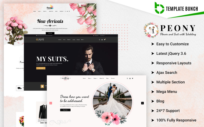 Pion - Blomma och kostym med bröllop - Responsivt Shopify 2.0 E-handelstema