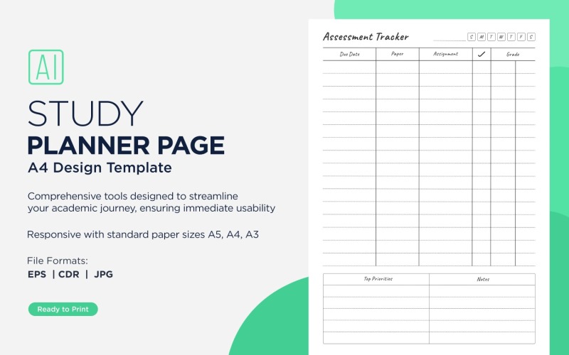 Assessment Tracker Study Planning Page, Planner Sheet, Design Template 05