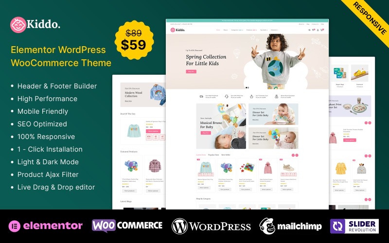 Kiddo - Loja de moda infantil para bebês e tema WooCommerce Elementor de brinquedos para bebês