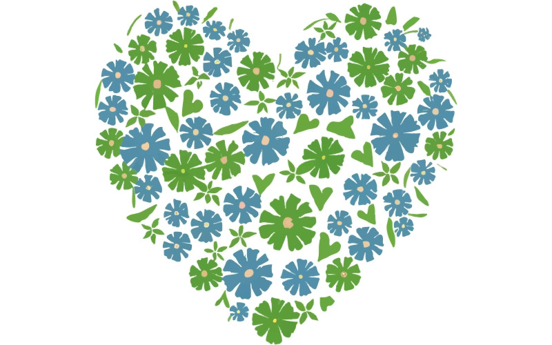 Heart with various flowers firming the heart in blue and greens