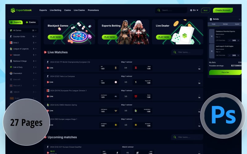 Esportsbook -电子竞技 & 赌场赌博PSD模板