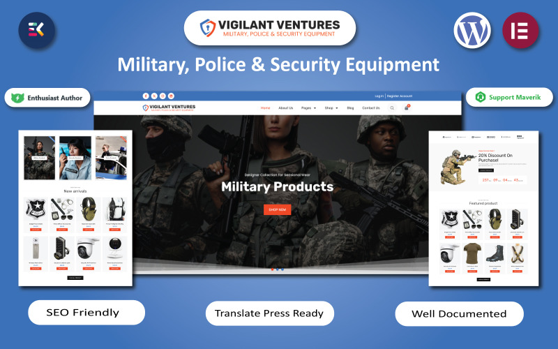 Vigilant Ventures - Elementor WooCommerce-Vorlage für Militär-, Polizei- und Sicherheitsausrüstung