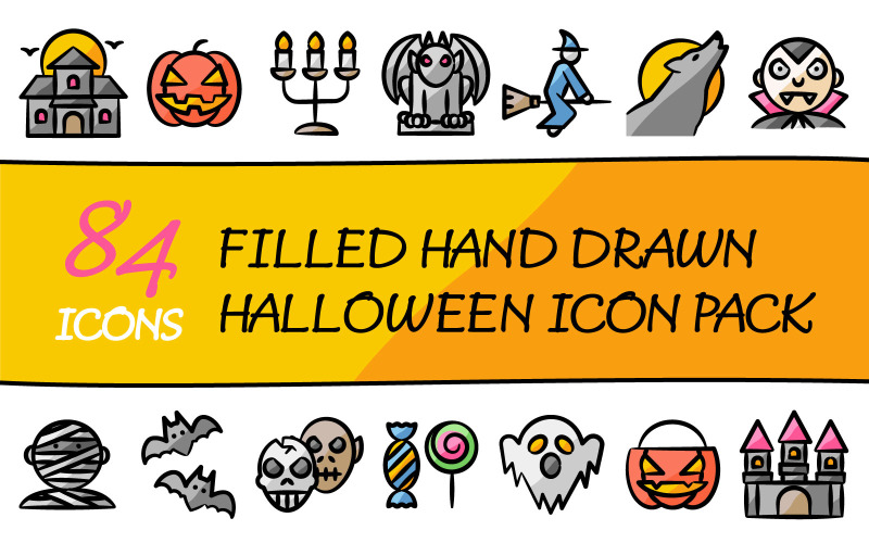 Drawniz – Mehrzweck-Halloween-Symbolpaket im ausgefüllten, handgezeichneten Stil