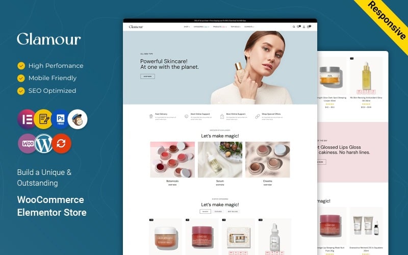 Glamour – bőrápolás, szépség és kozmetika WooCommerce Elementor reszponzív téma