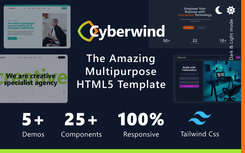 Cyberwind – Tailwind CSS víceúčelová aplikace, přistání, IT řešení a šablona HTML5 firemního webu