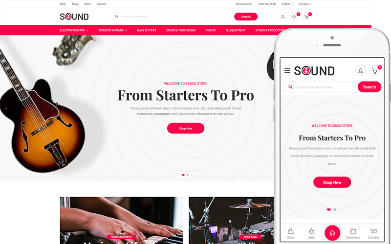 Suono: apparecchiature audio, strumenti musicali Tema WordPress WooCommerce