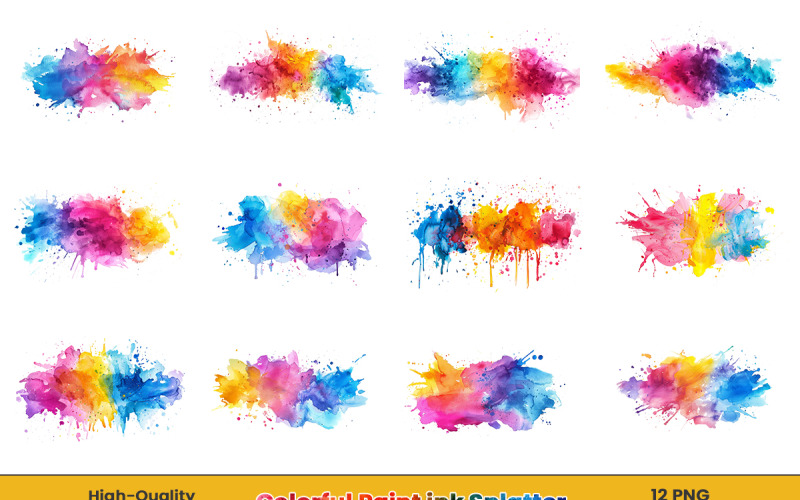 Watercolor colorful ink paint splatter, rainbow painting splatter png background set.