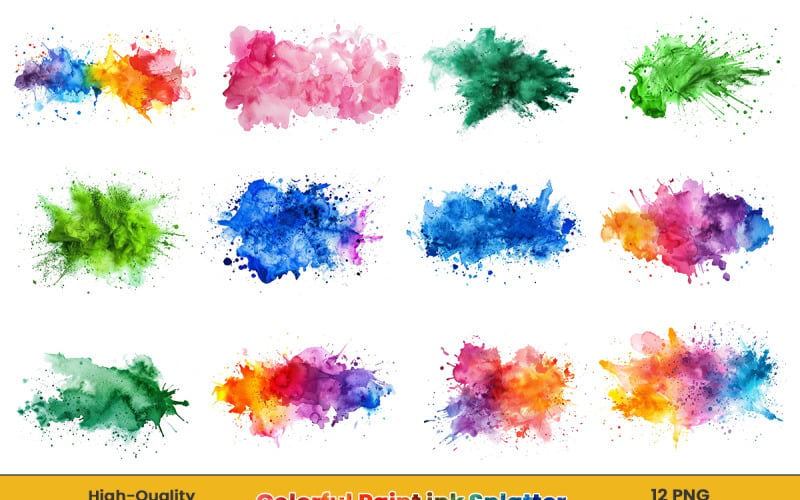 Watercolor ink paint splatter, multicolor painting splashes png background set.