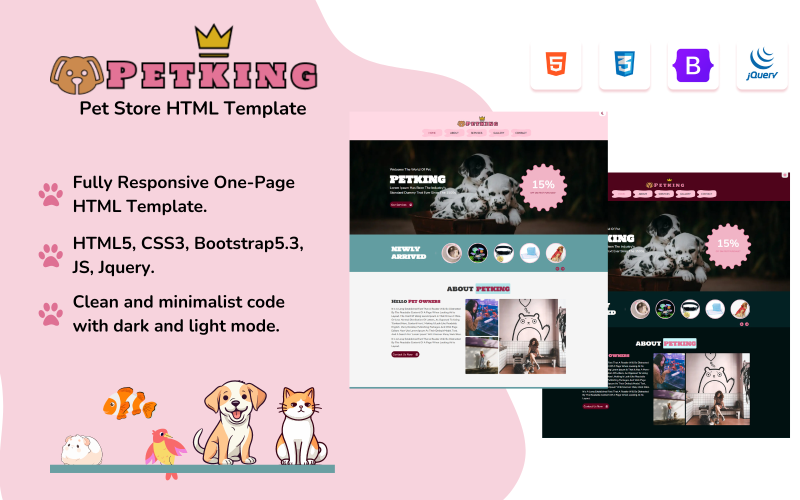 PETKING: Een responsieve HTML-websitesjabloon van één pagina voor dierenwinkels en bedrijven