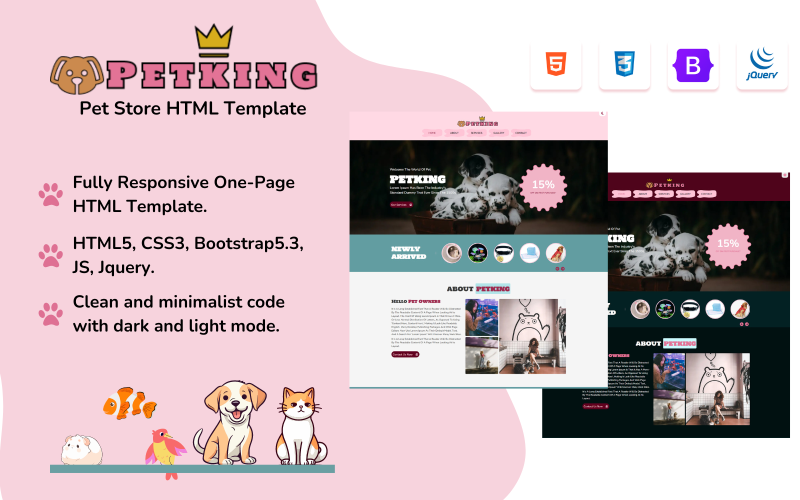 PETKING: Eine einseitige, responsive HTML-Website-Vorlage für Zoohandlungen und Unternehmen