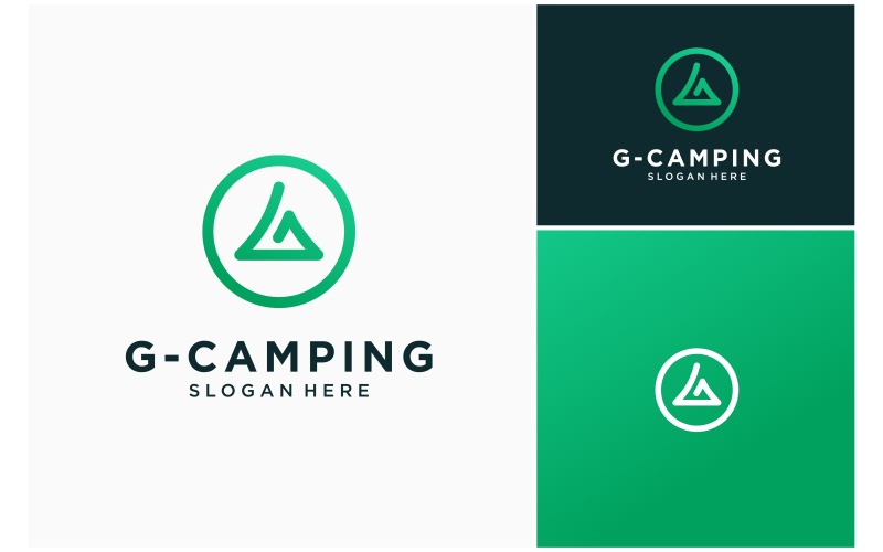 Logotipo de tienda de campaña para campamento con la letra G