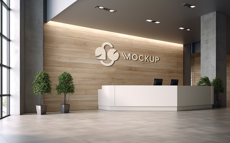 Reception counter wooden wall logo mockup