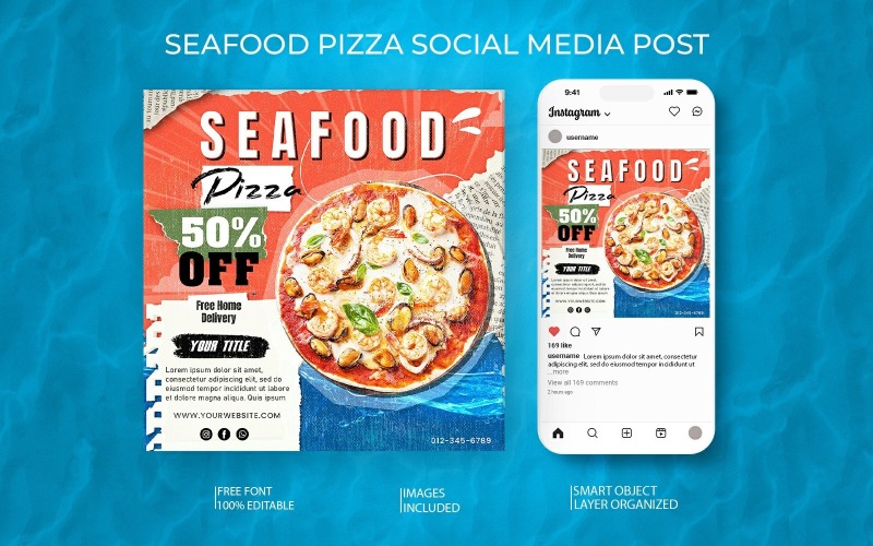 Modello di social media per pizza ai frutti di mare