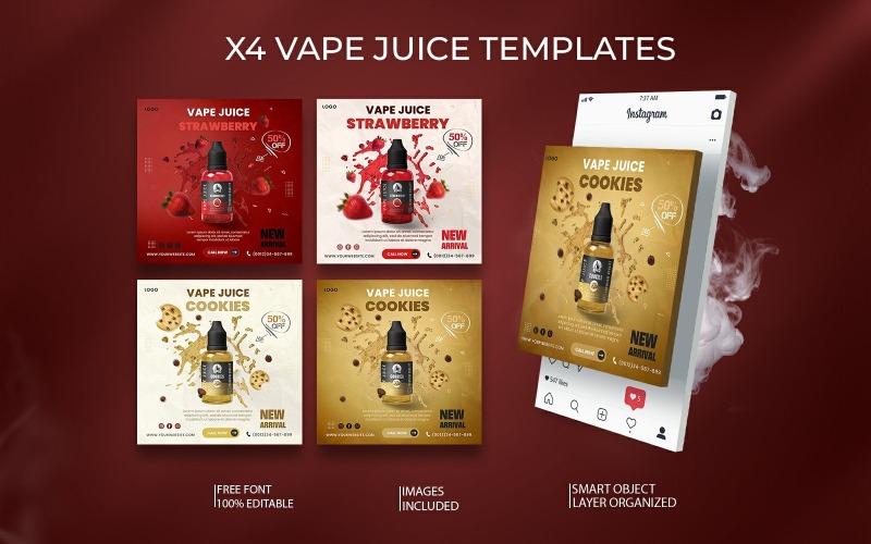 Vape Juice社交媒体模板| 4个可编辑的PSD文件为现代品牌卷2