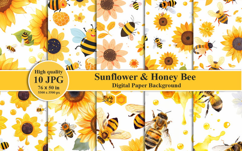 Sunflower Honey Bee Printable Digital Paper and Pattern Background