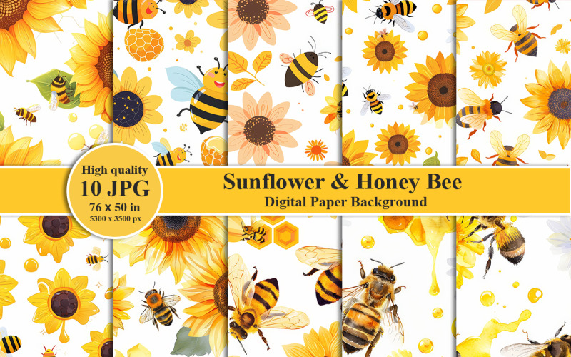 Sunflower Honey Bee Utskrivbart digitalt papper och mönsterbakgrund