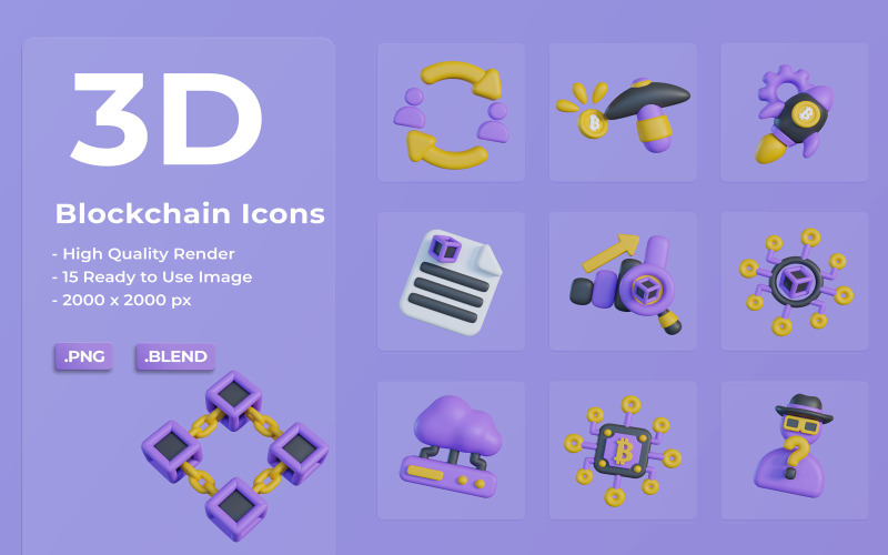 3D Blockchain ikonok beállítása Bundle Design