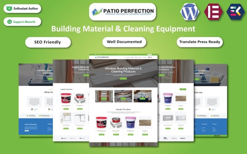 Patio Perfection - Шаблон Elementor WooCommerce для окон, строительных материалов и оборудования для уборки