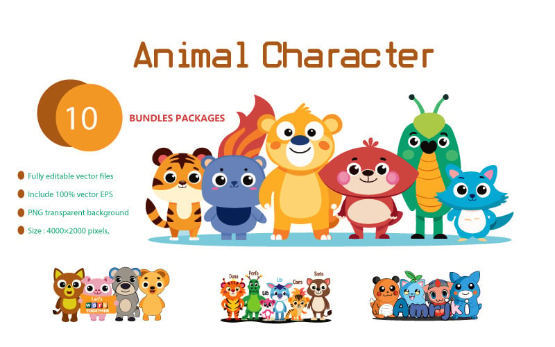 Set of animal cartoon character wildlife fauna vector illustrations