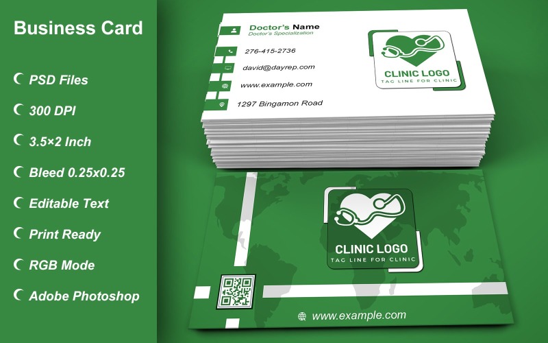 Business Card Template for Clinic - Doctor - Hospital - Customizable Designs - 615