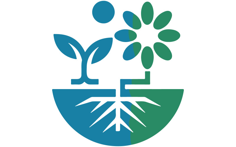 Um logotipo com três elementos: um broto, uma flor e uma árvore