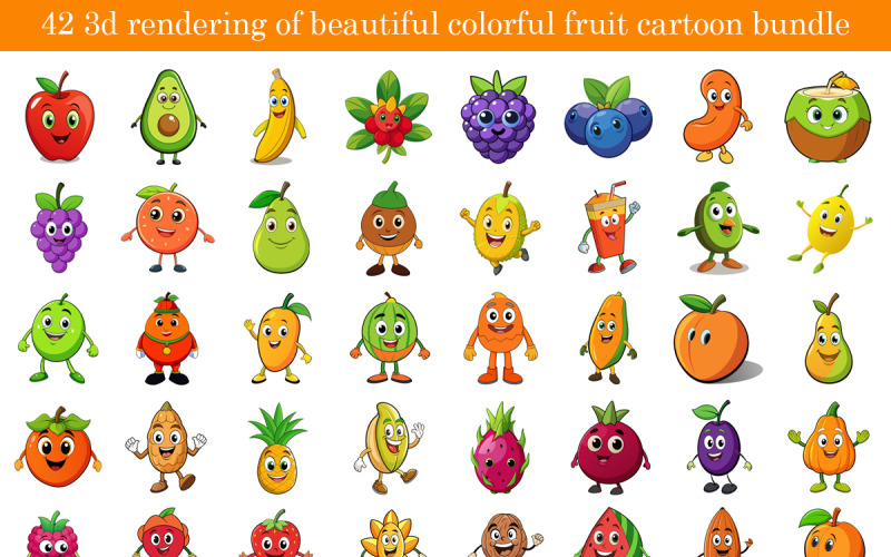 42 renderização 3d de lindo pacote de desenho animado de frutas coloridas