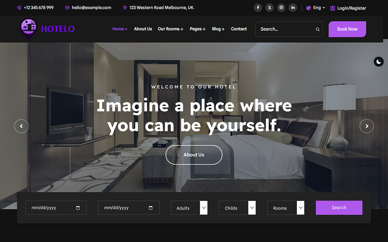 Hotelo - Hotel, Resort, Motel Reservas Responsivo Elementor WordPress Theme