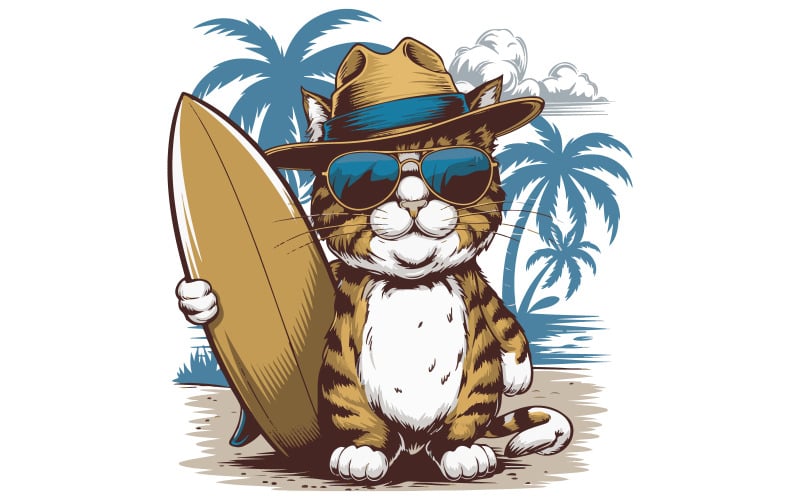 A cat design for a t-shirt with  cat wearing sunglasses and a hat