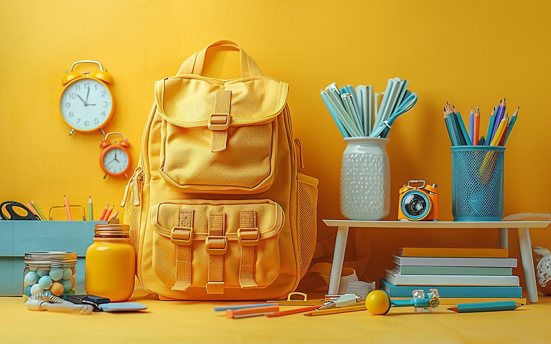 Education concept yellow backpack with school