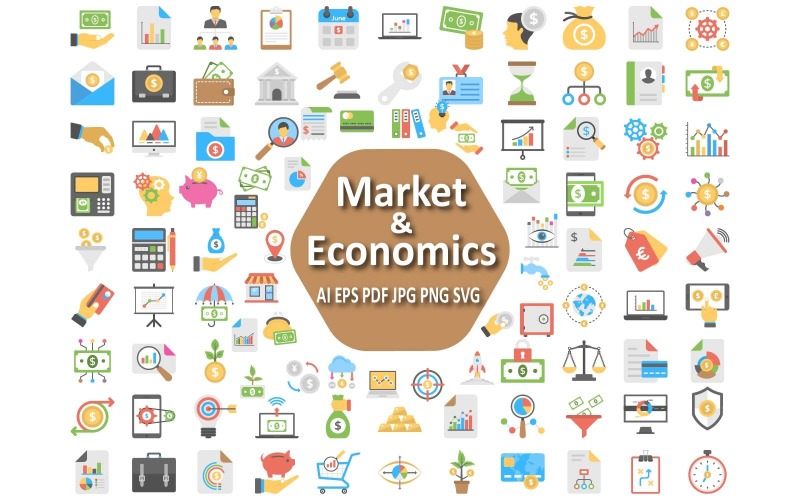 Conjunto de ícones de mercado e economia para projetos financeiros e empresariais