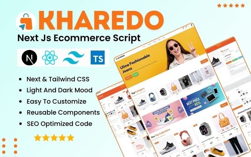 Kharedo – React e-kereskedelmi szkript a Next JS és Tailwind CSS segítségével, React JS felhasználói felület sablon