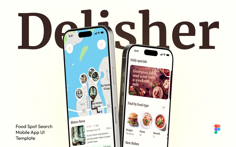 Delisher — шаблон інтерфейсу мобільного додатка для пошуку їжі