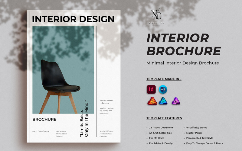 Brochura de design de interiores minimalista para InDesign, MS Word, Affinity