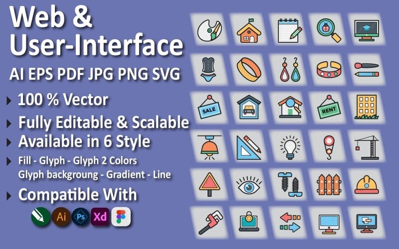 Mångsidig webb- och användargränssnittsikonuppsättning för modern digital design