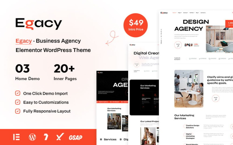 Egacy - Agentschap Portfolio Elementor WordPress-thema