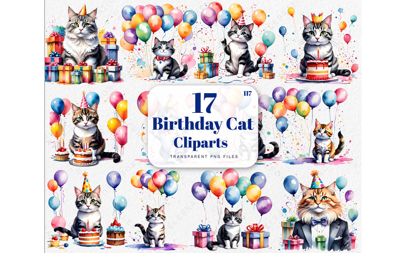 Ensemble de graphiques clipart d'anniversaire de chat aquarelle, ensemble de cliparts de chat chaton mignon, clipart aquarelle