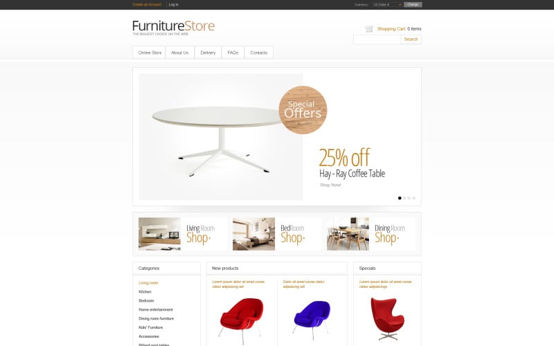 Šablona VirtueMart s minimalistickým obchodem s nábytkem