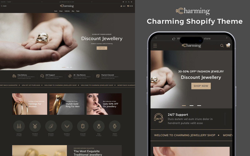 Charming – сучасний ювелірний магазин. Багатоцільова адаптивна тема Shopify 2.0