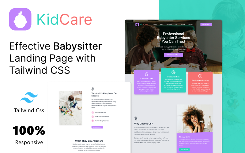 KidCare | Modello di pagina di destinazione per babysitter con Tailwind CSS