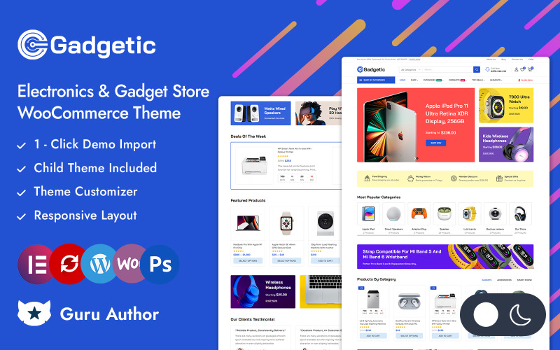 Gadgetic - Loja de eletrônicos, gadgets e tecnologia Elementor WooCommerce Tema responsivo