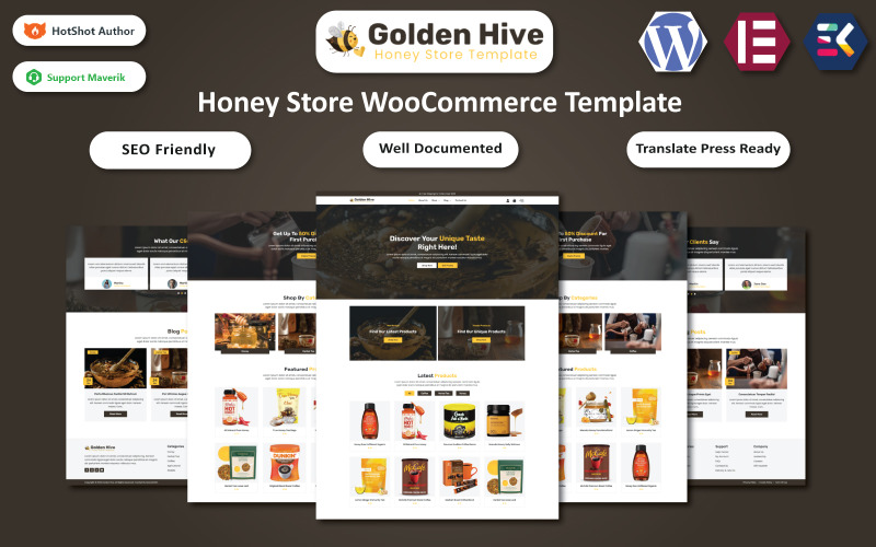 Golden Hive – WooCommerce Elementor-Vorlage für ein Geschäft für Honig, Kräutertee und Kaffee