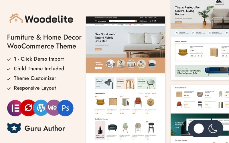 Woodelite — магазин мебели и предметов домашнего обихода Elementor WooCommerce Responsive Theme